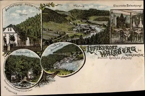 Litho Walsburg Eßbach in Thüringen, Gasthaus, Brettmühle, Monierbrücke