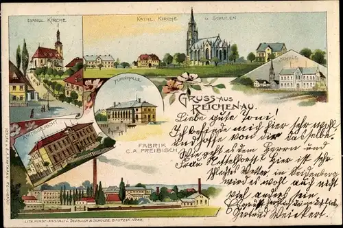 Ak Reichenau im Erzgebirge, Ev. Kirche, Kath. Kirche, Schule, Turnhalle, Amtsgericht, Fabrik