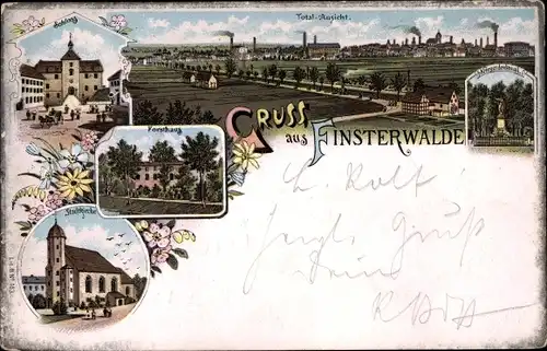 Litho Finsterwalde in der Niederlausitz, Schloss, Forsthaus, Stadtkirche, Kriegerdenkmal, Panorama