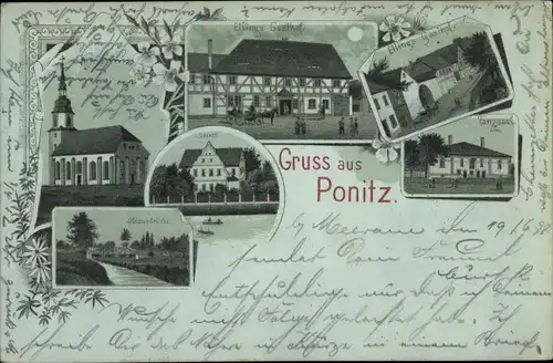 Mondschein Litho Ponitz Altenburger Land Thüringen, Gasthof, Schloss, Kirche