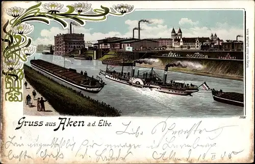 Litho Aken an der Elbe Sachsen Anhalt, Uferpartie, Salondampfer