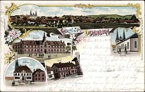 Litho Derenburg Blankenburg am Harz, Hospital, Totalansicht von Ort, Post, Kirche, Rathaus