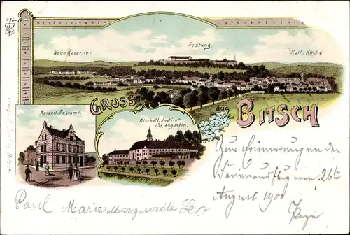 Litho Bitche Bitsch Lothringen Moselle, Festung, Institut St. Augustin, Postamt, Kasernen