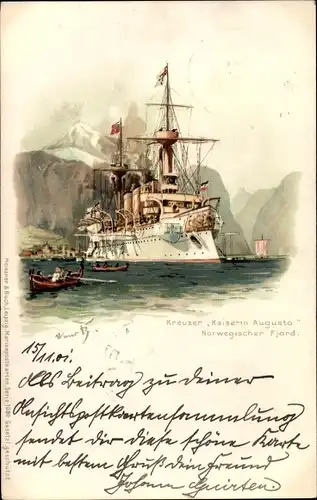 Künstler Litho Bohrdt, Hans, Deutsches Kriegsschiff, Kreuzer Kaiserin Augusta, Norwegischer Fjord