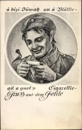Künstler Ak Gruß aus dem Felde, Soldat dreht sich eine Zigarette, II. B. 18