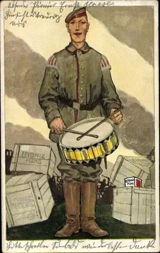 Künstler Ak Deutscher Soldat, Tambour, Leibniz Keks