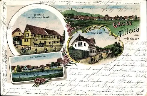 Litho Tilleda Kelbra im Kreis Mansfeld Südharz, Gasthaus Zur goldenen Gabel, Reußsche Villa