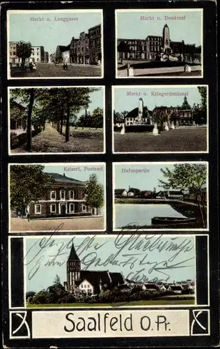 Ak Zalewo Saalfeld Ostpreußen, Markt, Denkmal, Postamt, Kirche, Hafen, Langgasse