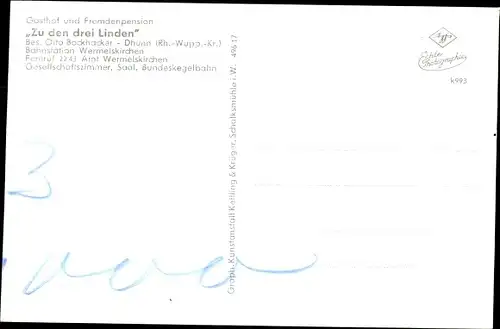 Ak Dhünn Wermelskirchen im Bergischen Land, Fremdenpension Zu den drei Linden