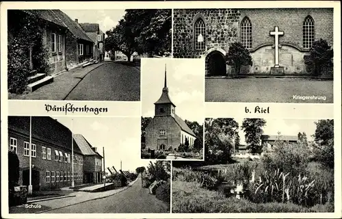 Ak Dänischenhagen in Schleswig Holstein, Kriegerdenkmal, Schule, Teich, Kirche