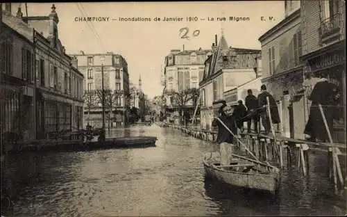 Ak Champigny Val de Marne, Inondations de Janvier 1910, La rue Mignon