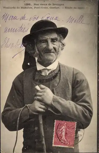 Ak Nos Vieux de Bretagne, Vieillard de Mahalon, Etude de Type, Mann mit Pfeife