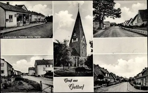 Ak Gettorf in Schleswig Holstein, Dorfpartie, Geschäft, Kirche