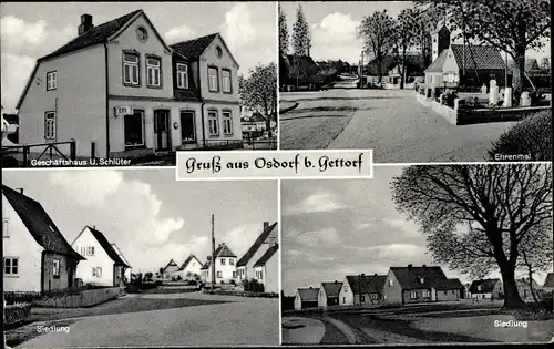 Ak Osdorf in Holstein, Geschäft U. Schlüter, Siedlung, Ehrenmal