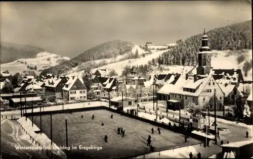 Ak Altenberg im Osterzgebirge, Teilansicht, Schlittschuhpartie