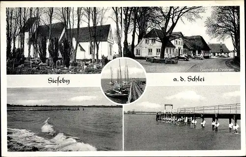 Ak Sieseby Thumby in Schleswig Holstein, Gaststätte Petersen, Steg, Meer, Kirche