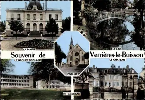 Ak Verrières le Buisson Essonne, Le Lac, La Mairie, L'Eglise