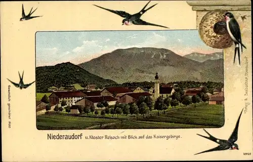 Litho Niederaudorf Oberaudorf in Oberbayern, Totale mit Kloster Reisach und Kaisergebirge, Schwalben