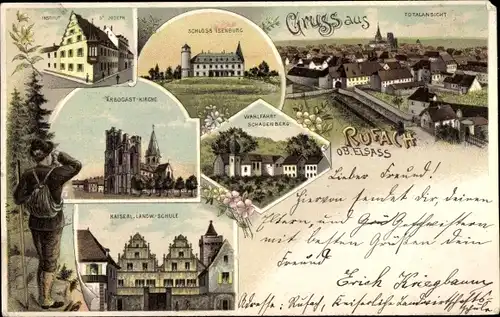 Litho Rouffach Rufach Elsass Haut Rhin, Schloss Isenburg, Wallfahrt Schauenberg, Landw. Schule