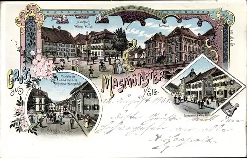 Litho Masevaux Masmünster Elsass Haut Rhin, Marktplatz, Rathaus, Thalstraße, Restauration