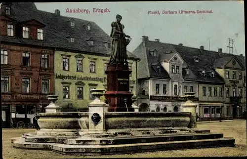 Ak Annaberg Buchholz im Erzgebirge, Markt, Barbara Uttmann Denkmal, Lohgerberei, Lederhandlung