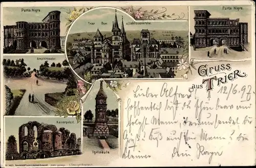 Litho Trier in Rheinland Pfalz, Porta Nigra, Dom, Liebfrauenkirche, Kaiserpalast, Amphitheater