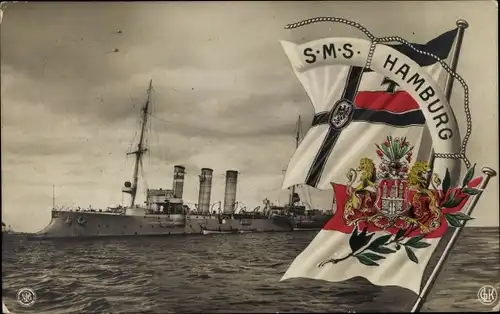 Wappen Ak Deutsches Kriegsschiff, SMS Hamburg, kleiner Kreuzer, Fahne