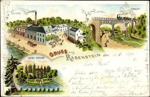 Litho Rabenstein Chemnitz in Sachsen, Viadukt, altes Schloss, Brauerei