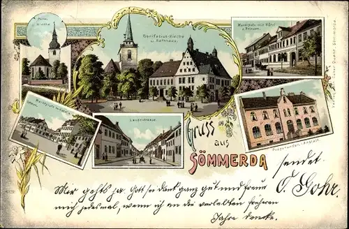 Litho Sömmerda im Thüringer Becken, Bonifaziuskirche, Langestraße, Marktplatz