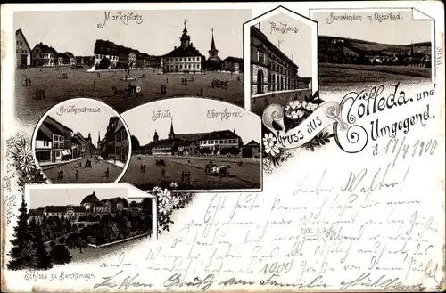 Litho Cölleda Kölleda in Thüringen, Kreishaus, Marktplatz, Schule, Schloss zu Beichlingen