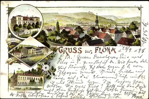 Litho Flöha in Sachsen, Königliche Amtshauptmannschaft, Bahnhof, Gasthof, Kirche, Panorama