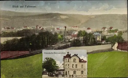 Ak Falkenau Flöha in Sachsen, Bahnhofsrestauration, Blick auf den Ort