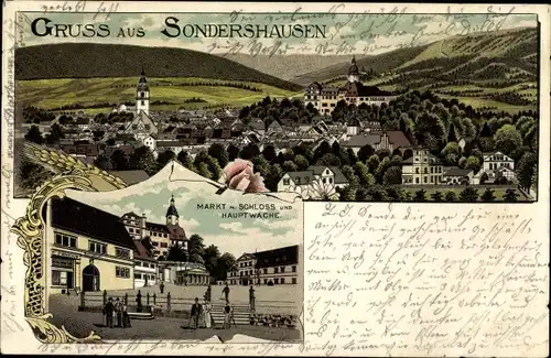 Litho Sondershausen im Kyffhäuserkreis Thüringen, Markt, Schloss, Hauptwache, Totalansicht