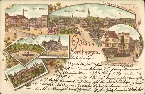 Litho Nordhausen am Harz, Lutherbrunnen, Kornmarkt, Gehege, Rathaus, Wilhelmshöhe