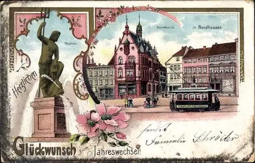 Litho Nordhausen am Harz, Glückwunsch Neujahr, Kornmarkt, Straßenbahn, Neptunstatue