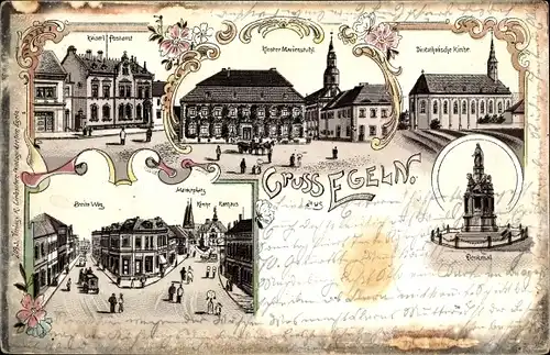 Litho Egeln Sachsen Anhalt, Postamt, Kloster Marienstuhl, Kath. Kirche, Denkmal, Breite Weg