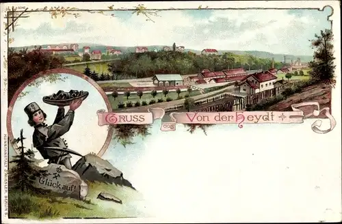 Litho Von der Heydt Saarbrücken im Saarland, Bergmann mit Kohle, Ortschaft