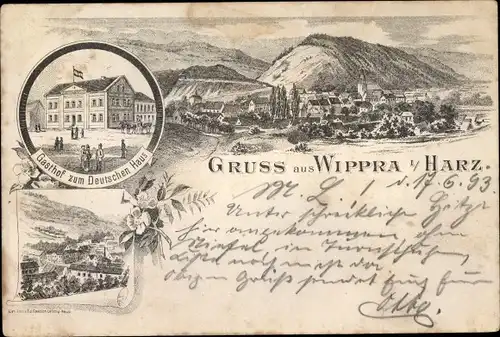Vorläufer Litho Wippra Sangerhausen am Harz, Gasthof zum Deutschen Haus, Panorama, 1893