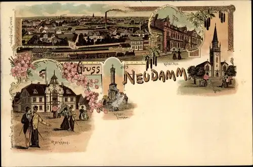 Litho Dębno Neudamm Neumark Ostbrandenburg, Post, Kirche, Rathaus, Kriegerdenkmal, Totale