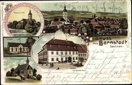 Litho Bernstadt auf dem Eigen in Sachsen, Blick auf den Ort, Gasthof zum braunen Hirsch, Kapelle