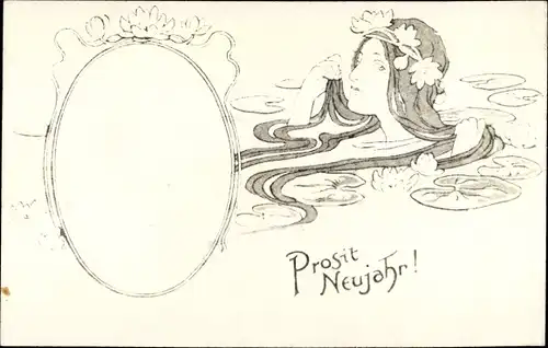 Jugendstil Künstler Ak Glückwunsch Neujahr, Frau, Seerosen