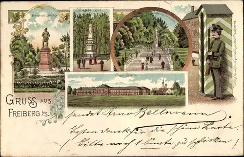 Litho Freiberg in Sachsen, Bismarck Denkmal, Jäger Kaserne, Schweden Denkmal