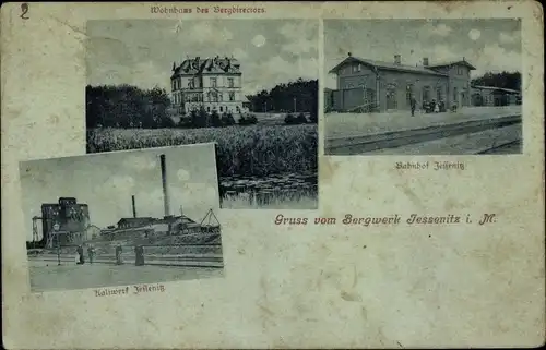 Mondschein Ak Jessenitz Lübtheen in Mecklenburg, Bahnhof, Gleisseite, Kaliwerk,Wohnhaus Bergdirektor