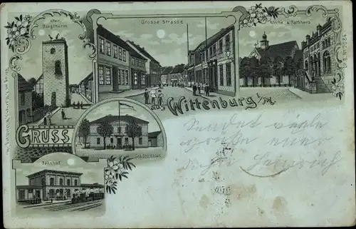 Mondschein Litho Wittenburg in Mecklenburg, Kirche, Rathaus, Große Straße, Bahnhof, Gleisseite