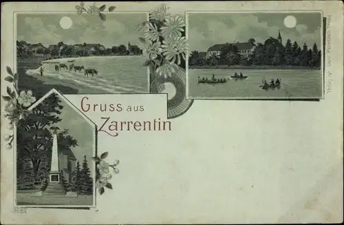 Mondschein Litho Zarrentin am Schaalsee, Ortsansichten, Rinder im Wasser, Kriegerdenkmal