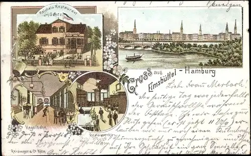 Litho Hamburg Eimsbüttel, Reichels Restaurant, Kegelbahn, Innenansicht