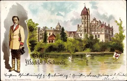 Wappen Litho  Basedow in Mecklenburg Vorpommern, Blick auf das Schloss