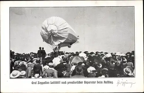 Ak Graf Zeppelins Luftschiff nach provisorischer Reparatur beim Aufstieg
