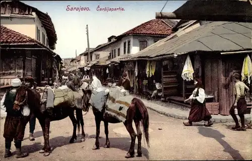 Ak Sarajevo Bosnien Herzegowina, Straßenpartie, Pferde, Trachten