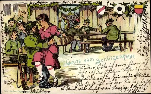 Litho Schützenfest, Kellnerin mit Bierkrügen